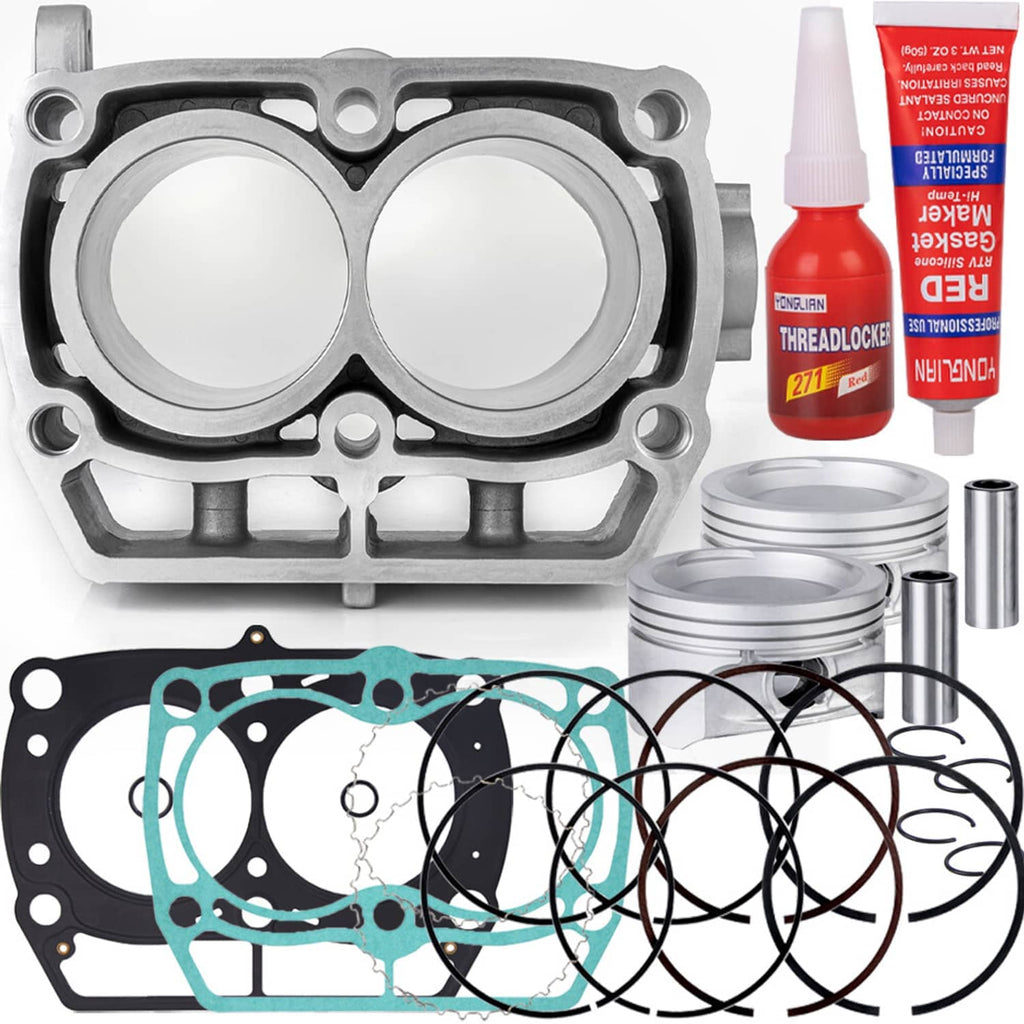 Top end rebuild kit with cylinder block, pistons, piston rings, and blue gasket