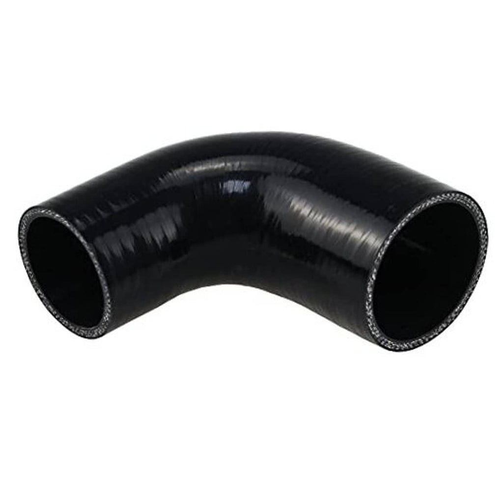 Black 90-degree silicone hose elbow, reinforced ends for 2.0–2.5 in hoses