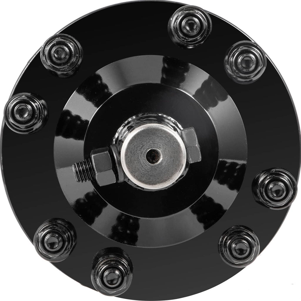Black PTO slip clutch with circular end bolts and central metal hub with threaded hole