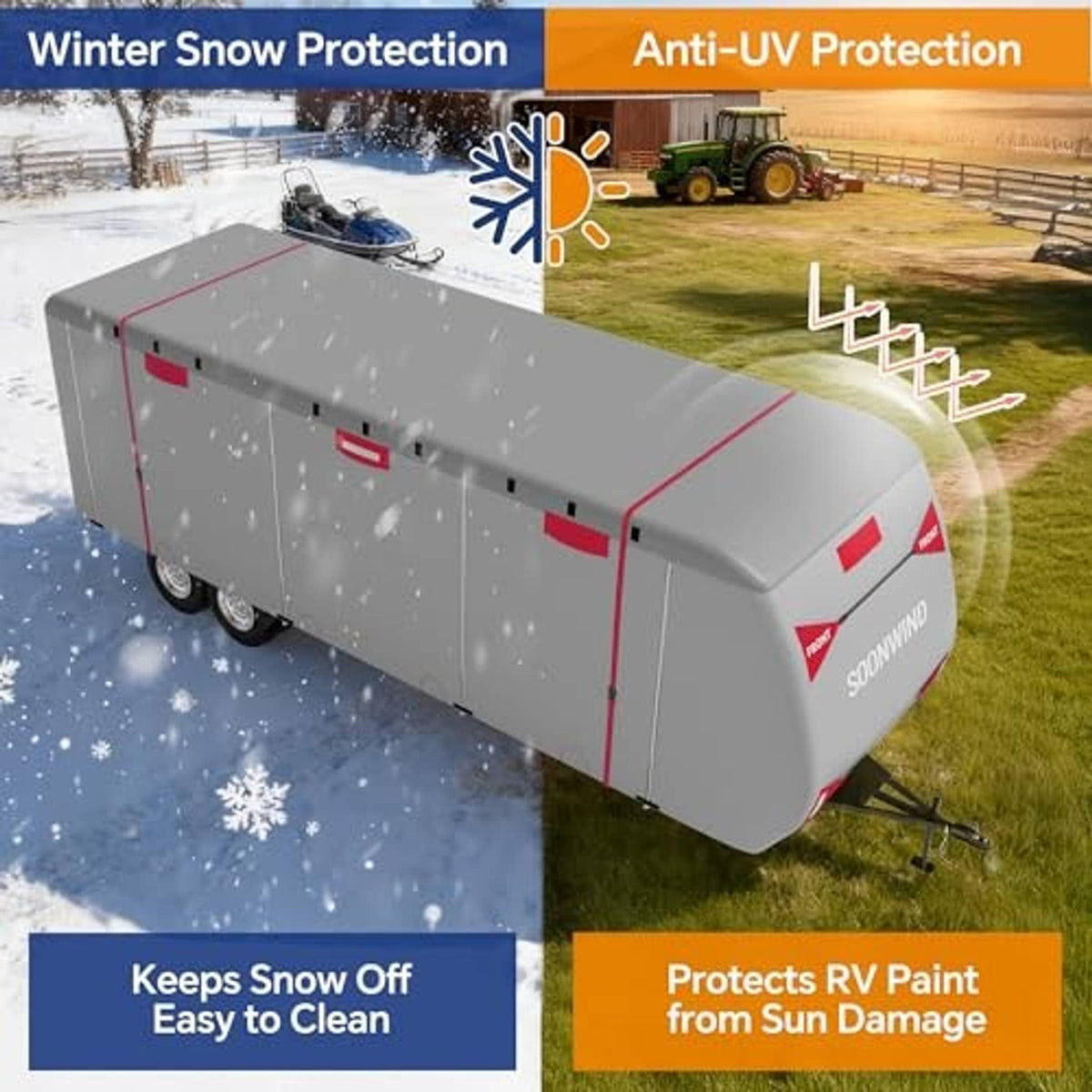 Heavy duty 7-layer RV cover in gray with red trim, front logo and trailer straps.
