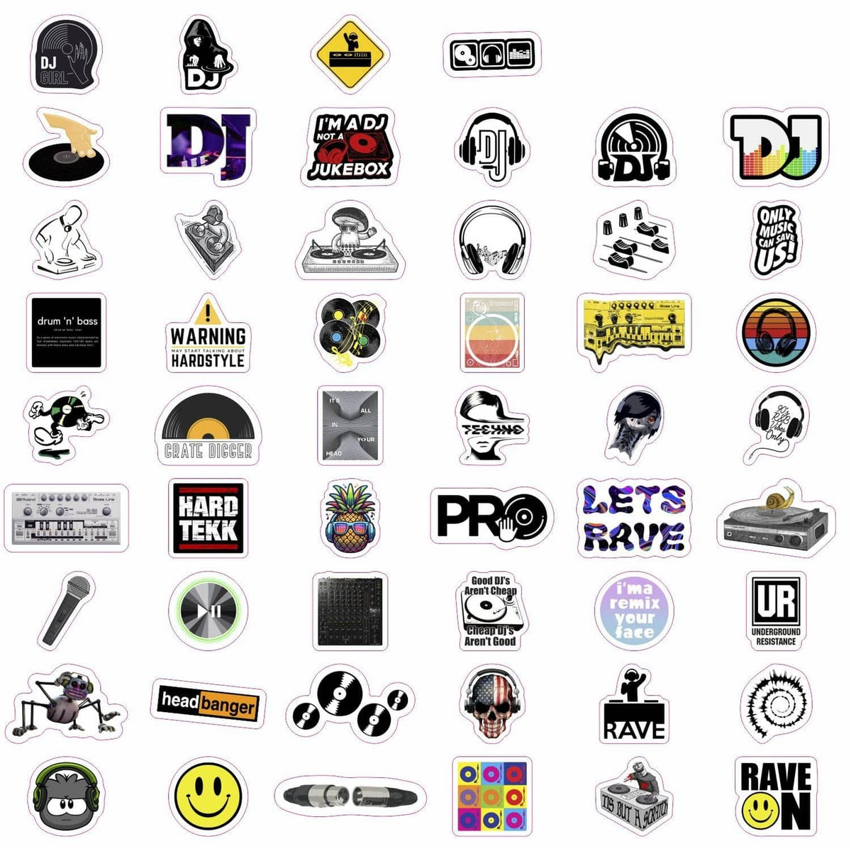 Sheet of DJ-themed stickers with 'DJ' text, headphones, turntables, and music badges