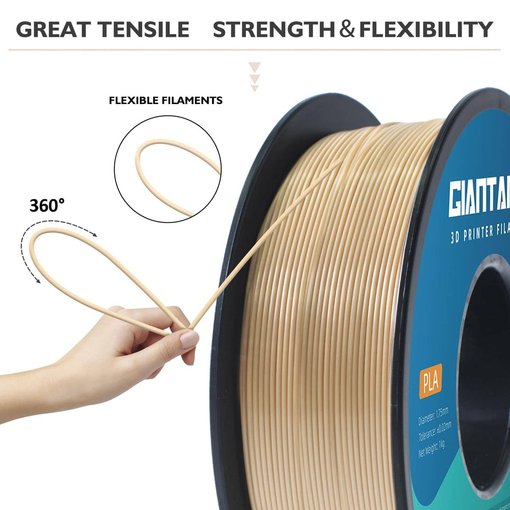 Bone white PLA filament spool with flexible filament demo and hand holding strand