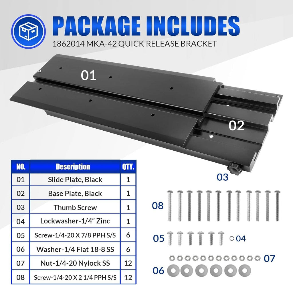 Black quick release bracket with package parts list and multiple screws