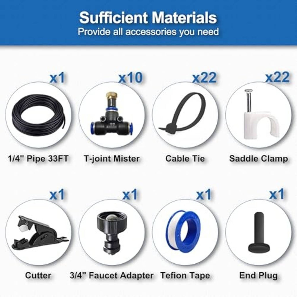 Misting kit accessories set: hose, T-joints, clamps, tape, faucet adapter and end plugs