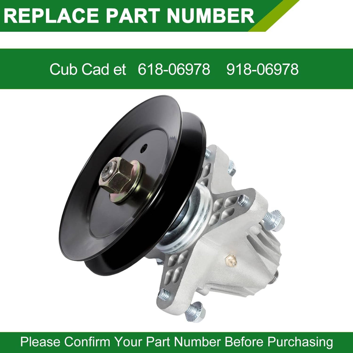Spindle assembly with black pulley and silver mounting plate for mower deck rebuild