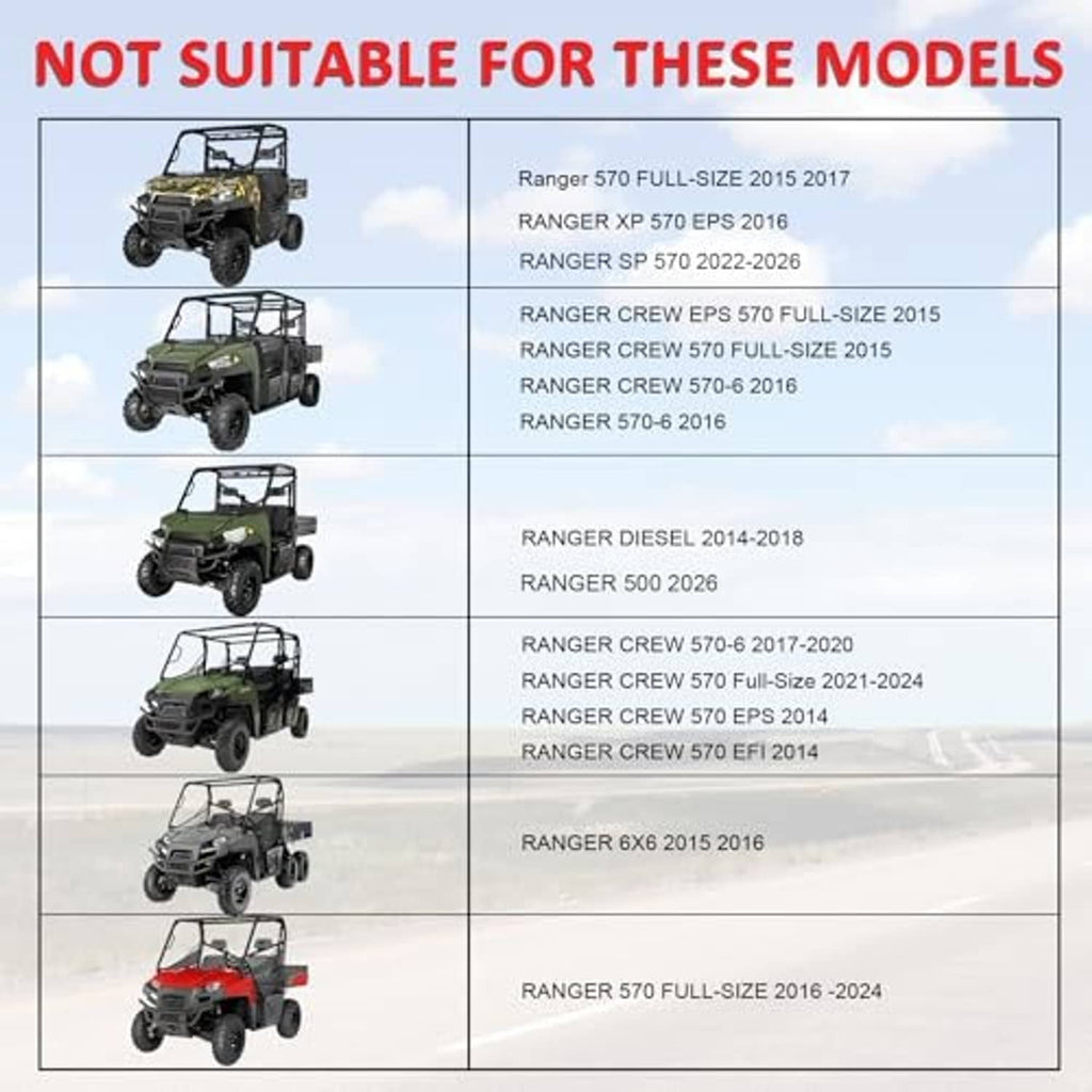 UTV windshield compatibility chart listing Ranger and Crew EPS model years