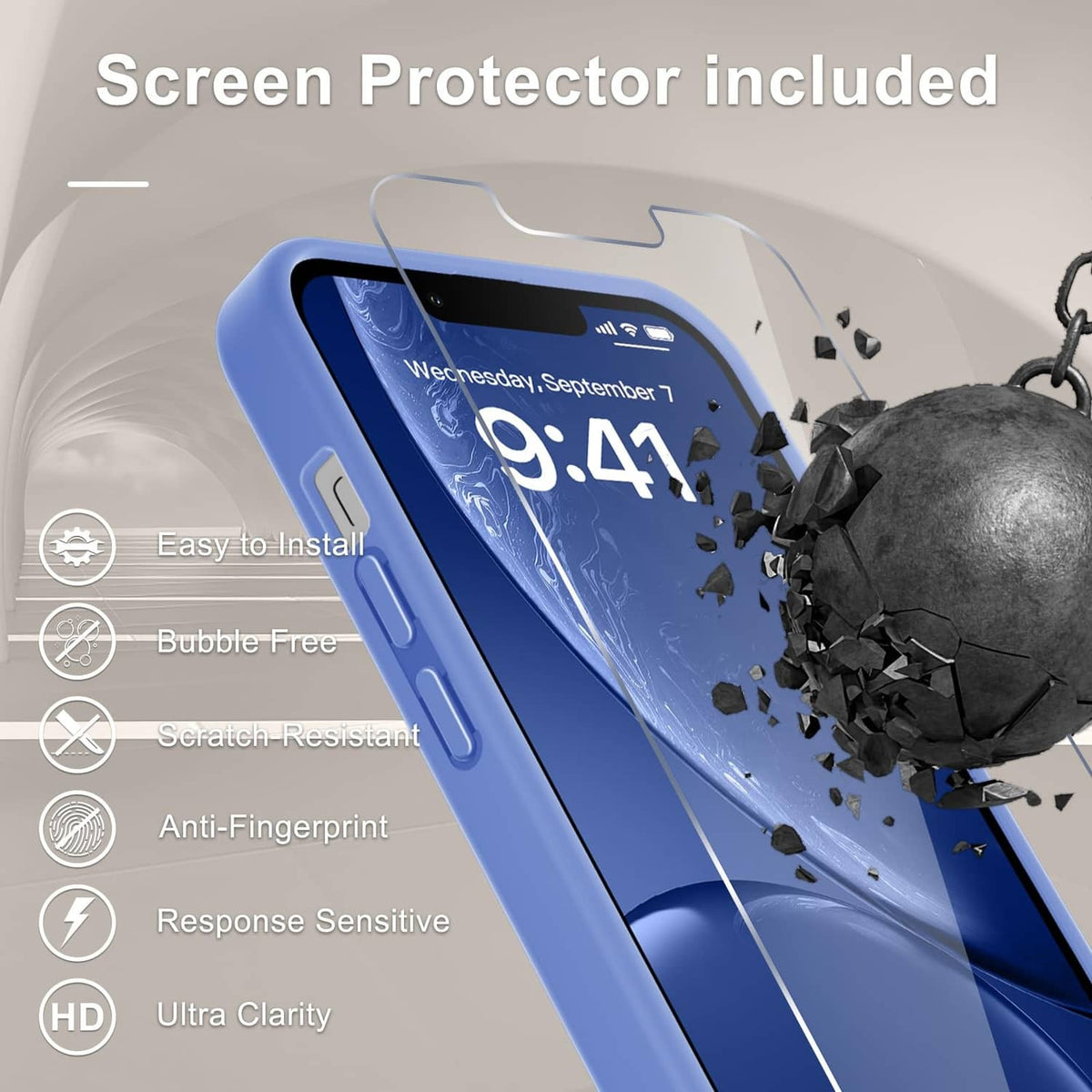 Matte purple case with included clear screen protector over the phone front