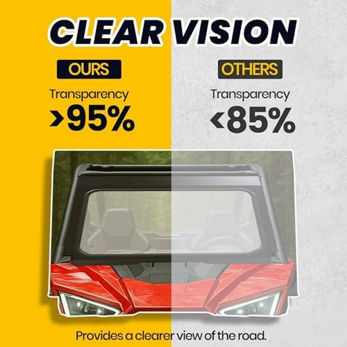 Clear front full glass windshield on off-road UTV for unobstructed view