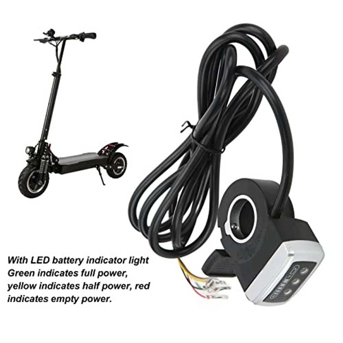 6-wire thumb throttle kit with LED power indicator, black cable bundle and handle switch