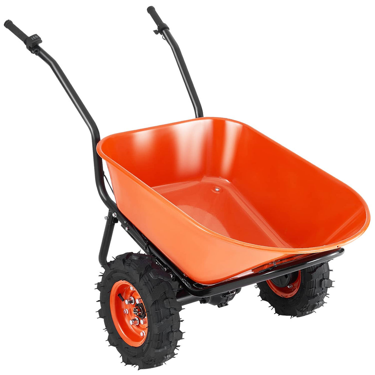 Orange electric wheelbarrow cart close-up of basin and orange wheel