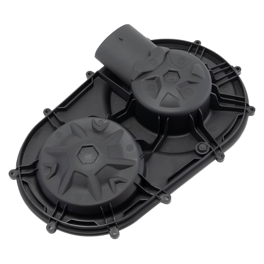 Black clutch cover with two star-pattern fan covers and hinged side panel
