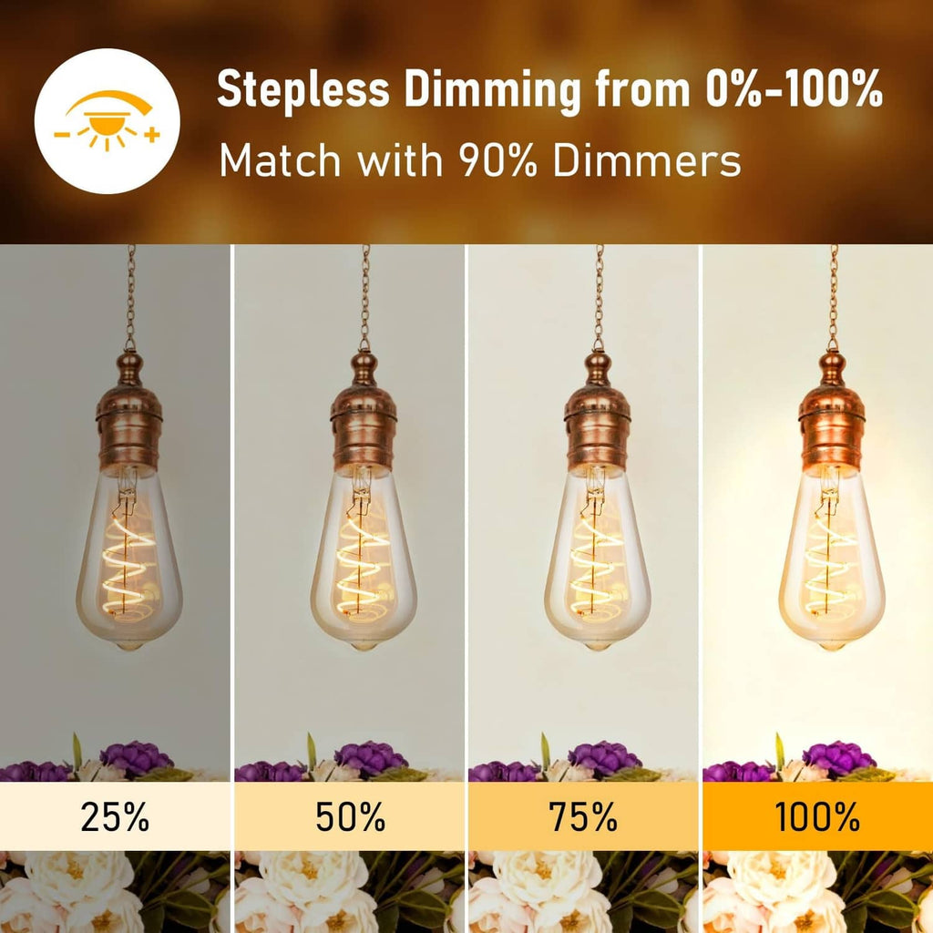 Dimmable LED Edison bulbs with amber spiral filament, E26 base, multiple brightness