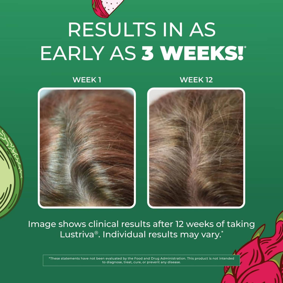 Hair growth supplement results chart with two scalp photo panels in rounded frames