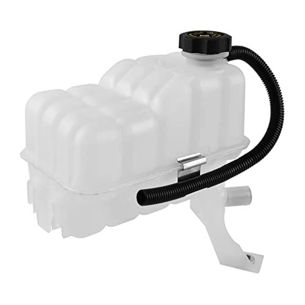 Engine coolant overflow tank with black hose and black cap, white plastic side view