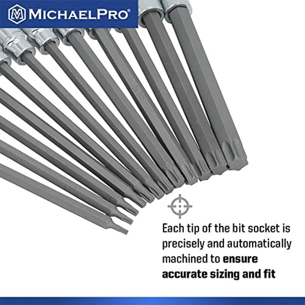 Close-up of multiple MichaelPro long Torx bit sockets lined up with chrome ends
