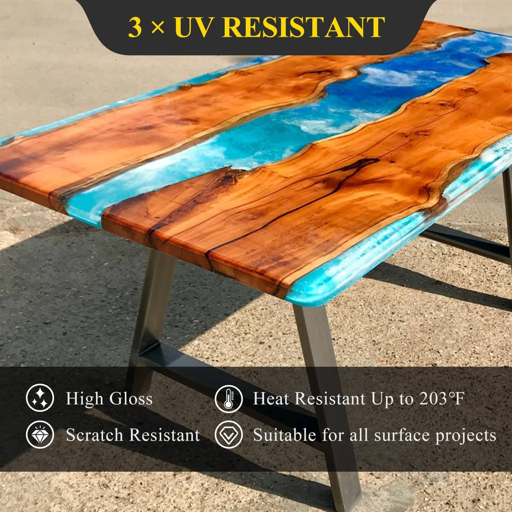 Glossy UV-resistant epoxy resin coating on a wood tabletop with vivid blue inset