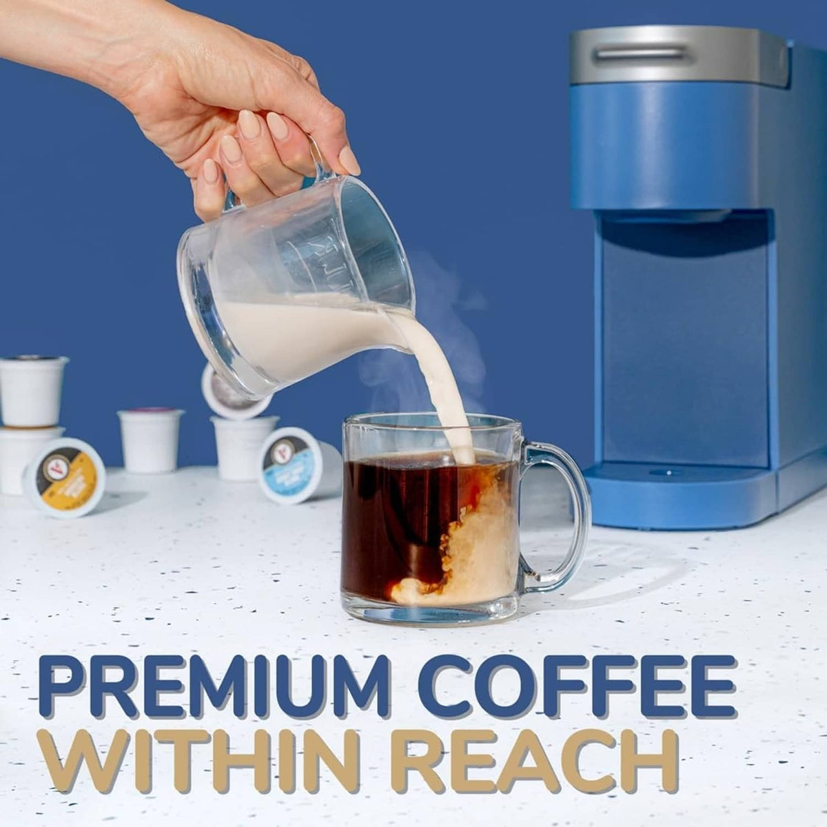 Coffee being poured into a mug from a pitcher with a blue single-serve machine