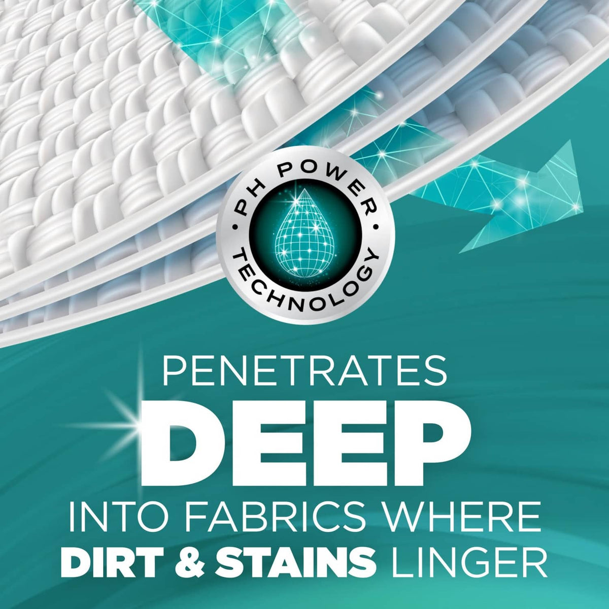 Deep Clean power technology badge over fabric pattern with dirt and stains message