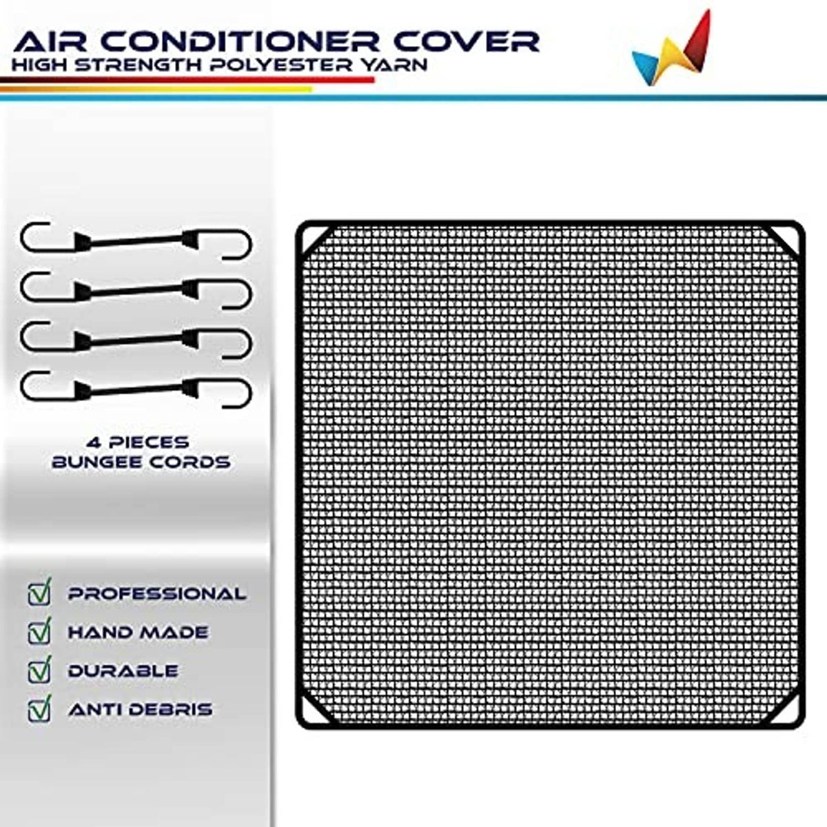Black mesh air conditioner cover panel with reinforced edges and corner grommets
