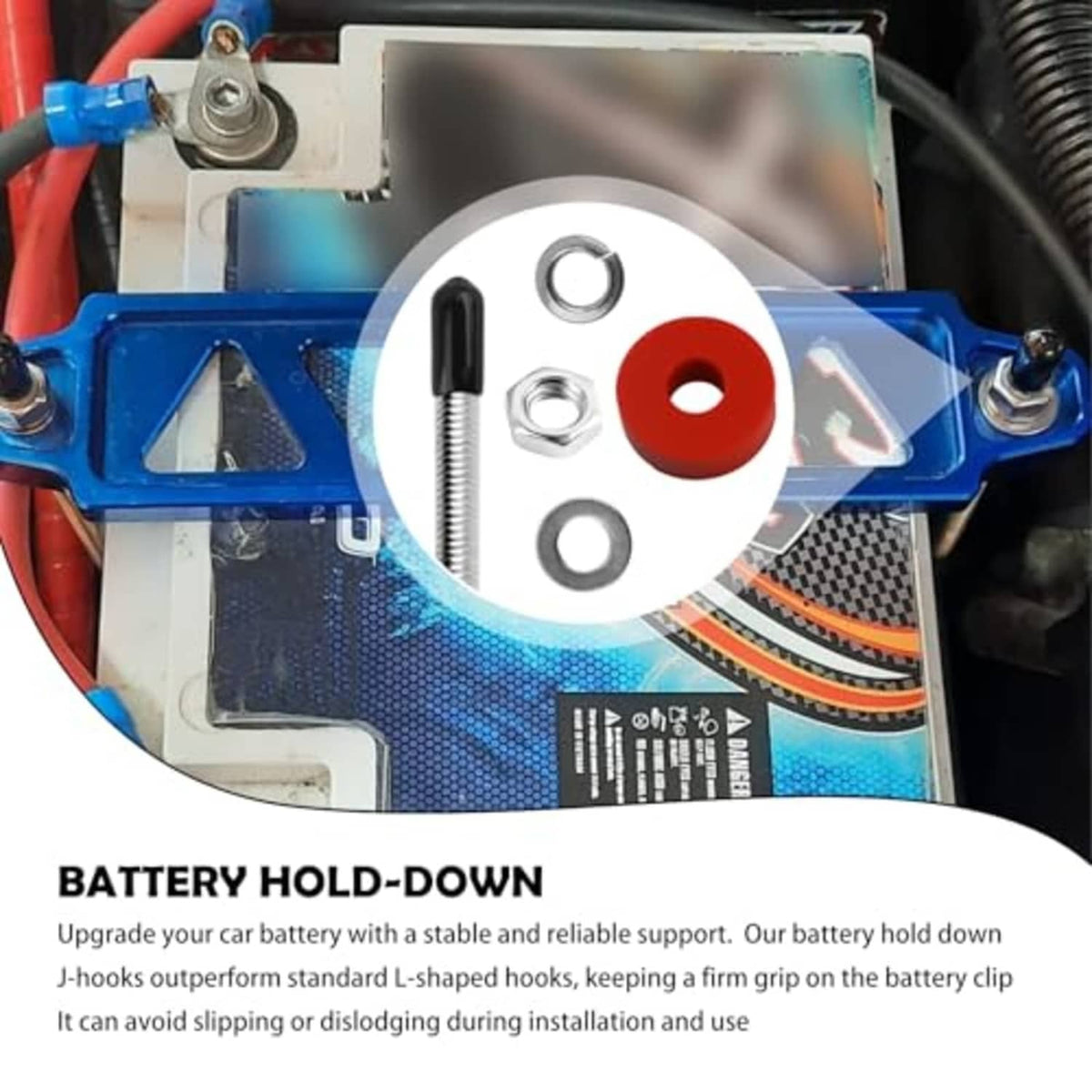 Battery hold-down kit with metal hooks, nuts, washers, and black protective sleeve