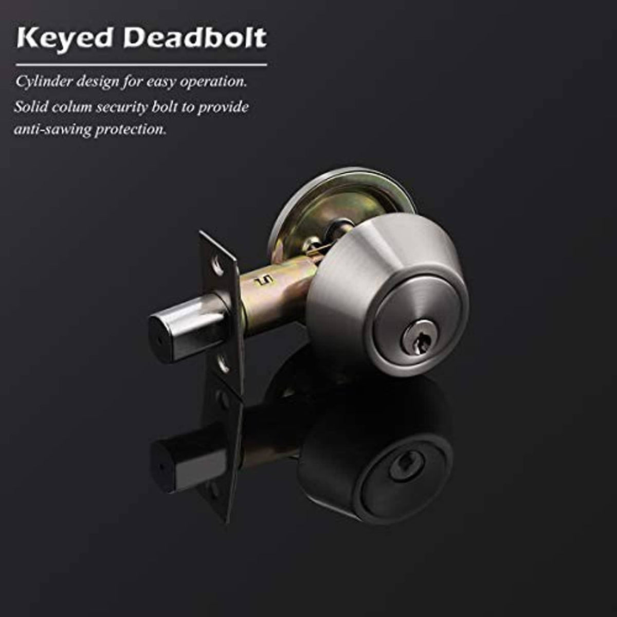 Satin nickel keyed double-cylinder deadbolt close-up with thumb turn and key cylinder