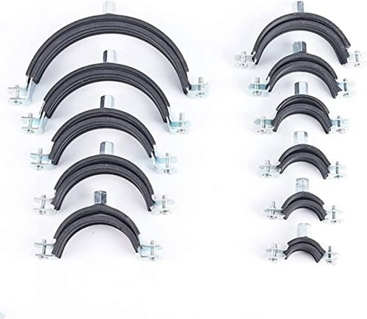 Assorted split ring pipe hangers with black rubber rings and galvanized bolts