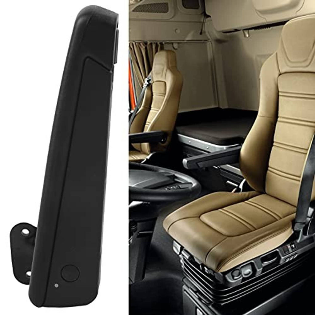 Black universal car seat armrest with curved pad and side mounting plate