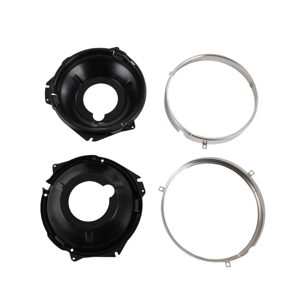 Headlamp mounting buckets with retaining rings, black and silver parts shown together