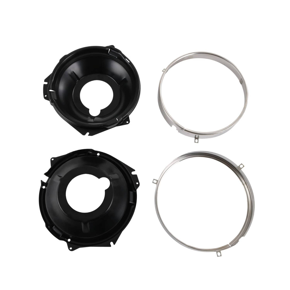 Headlamp mounting buckets with retaining rings, black and silver parts shown together