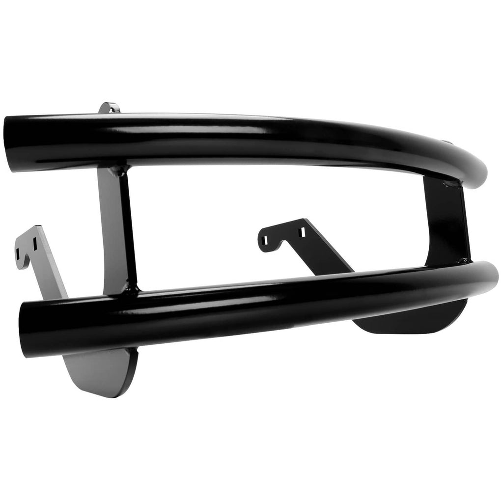 Black front bumper guard with two tubular rails and side mounting brackets