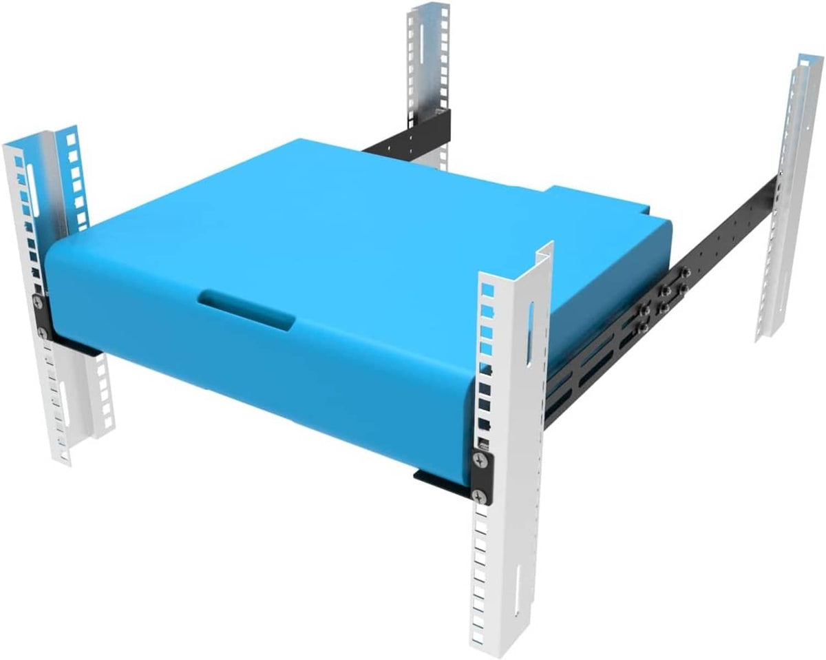 Rack mount rails holding a blue shelf panel on a 4-post server rack frame