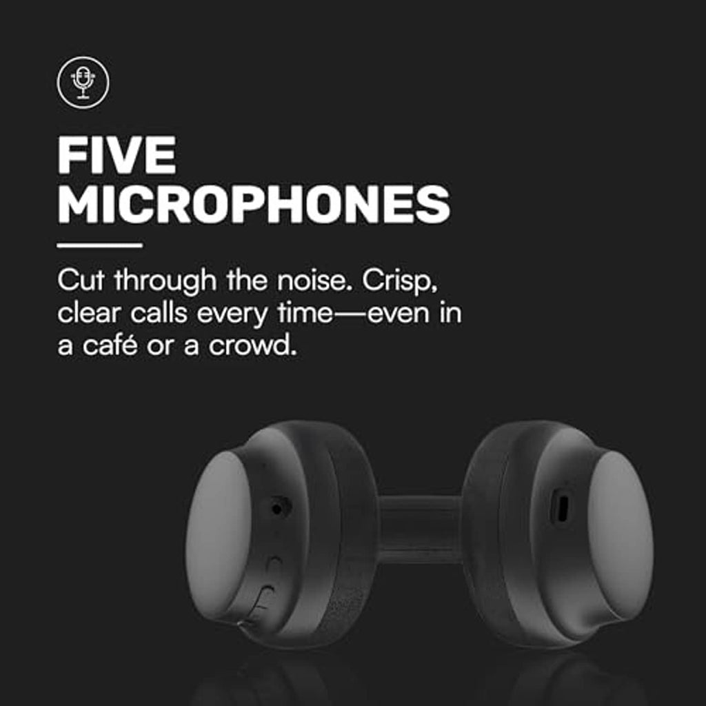 Black over-ear Bluetooth headphones with microphone openings visible on earcups