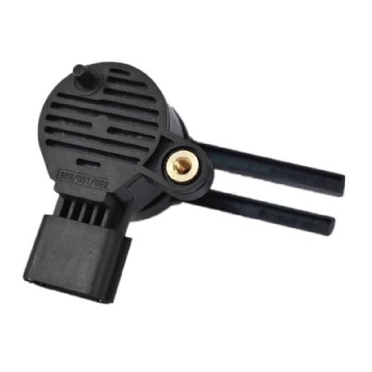 Brake pedal position sensor with black plastic body, two prongs, and mounting connector
