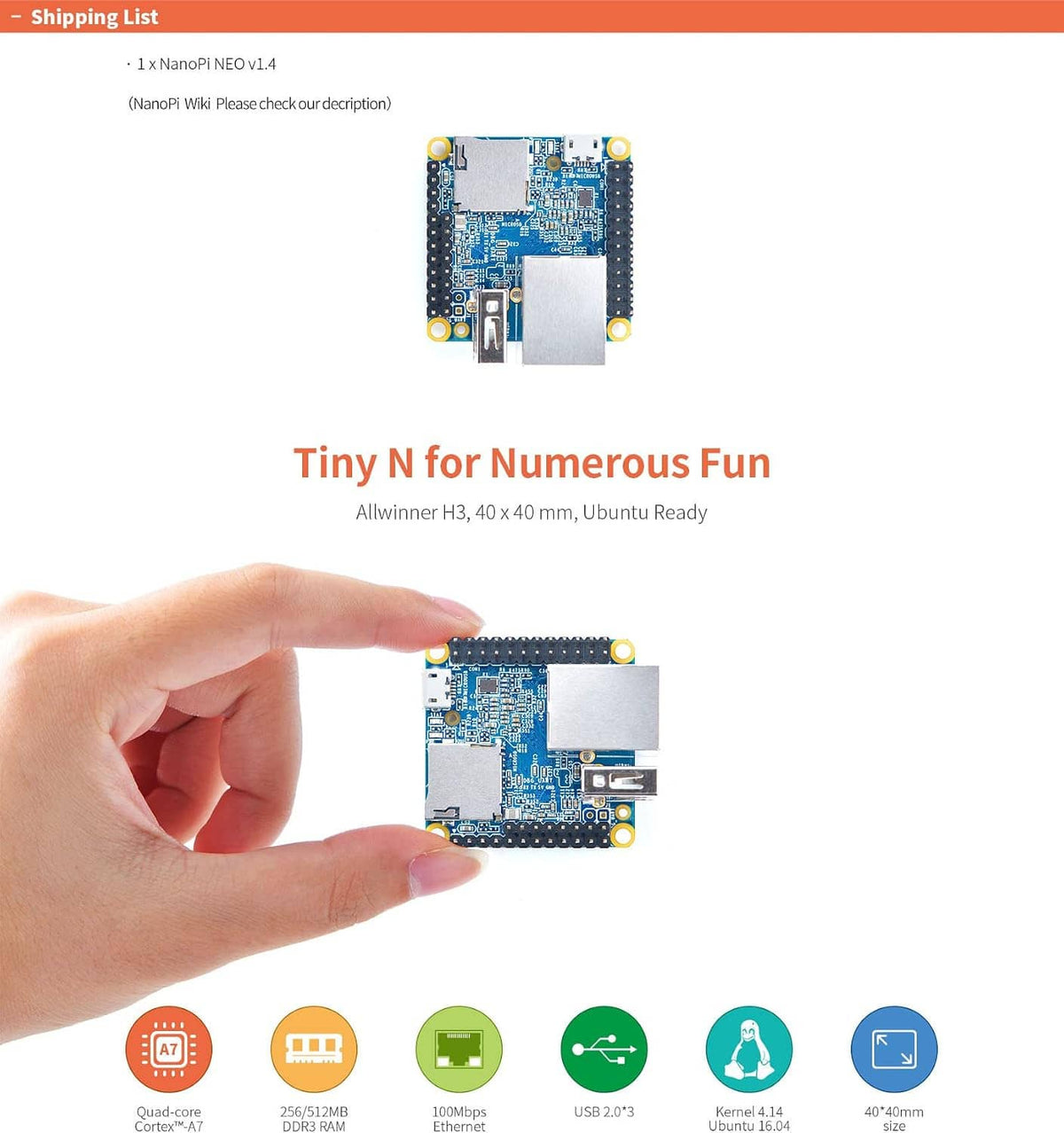 Nanopi NEO open-source H3 development board in hand, showing microSD slot and USB