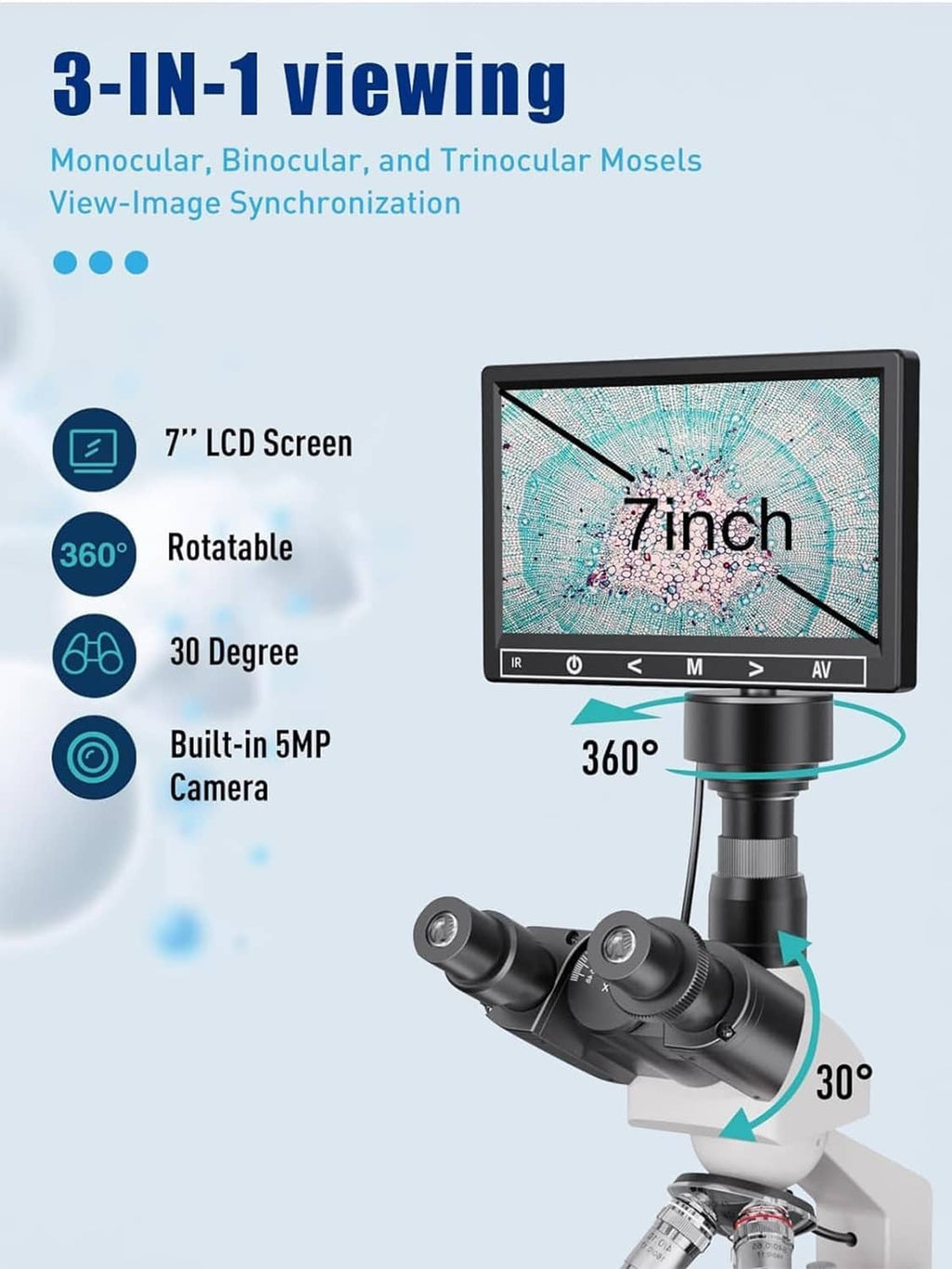 Microscope with rotatable 7-inch LCD screen and trinocular head