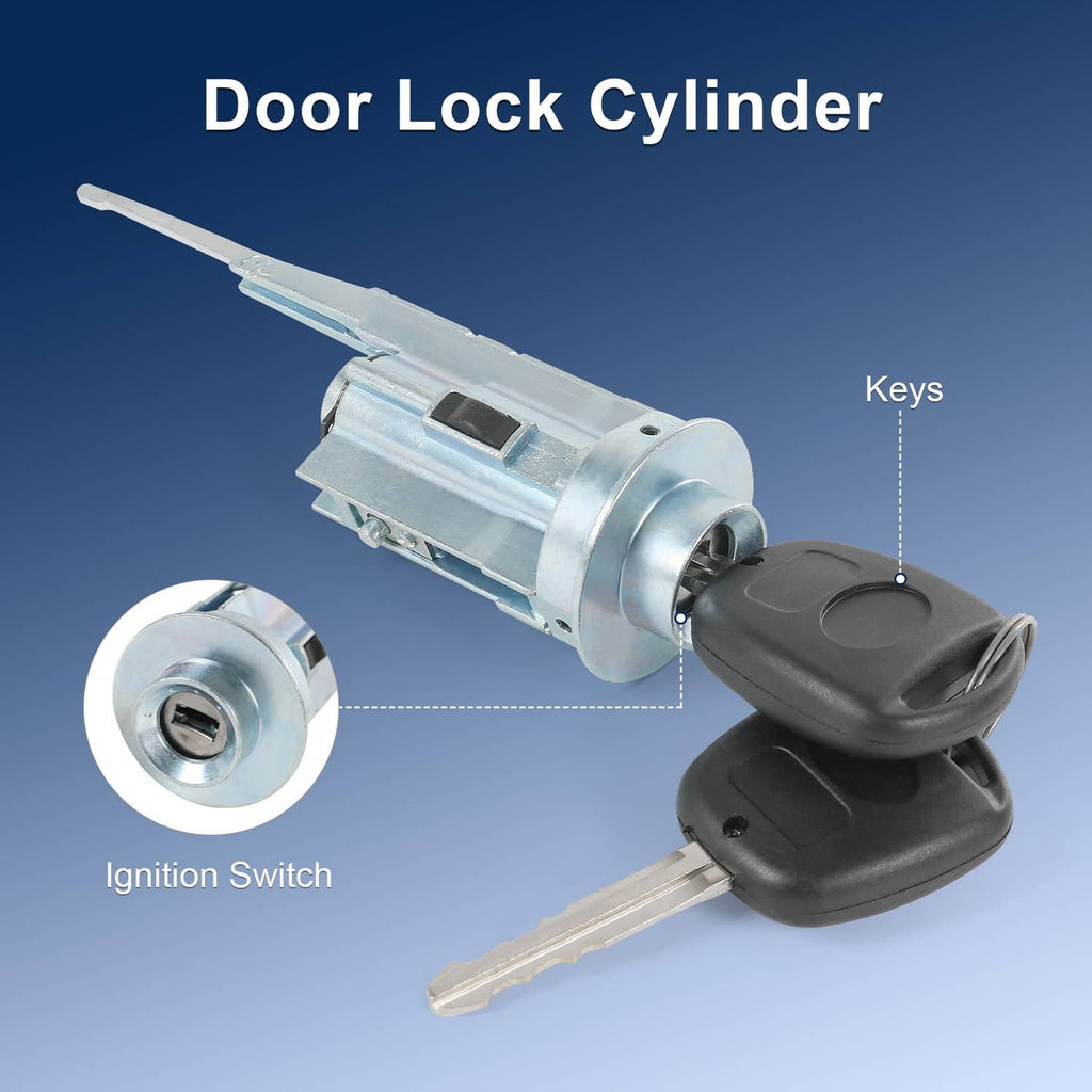 Ignition lock cylinder with two keys, silver metal body and black plastic key heads