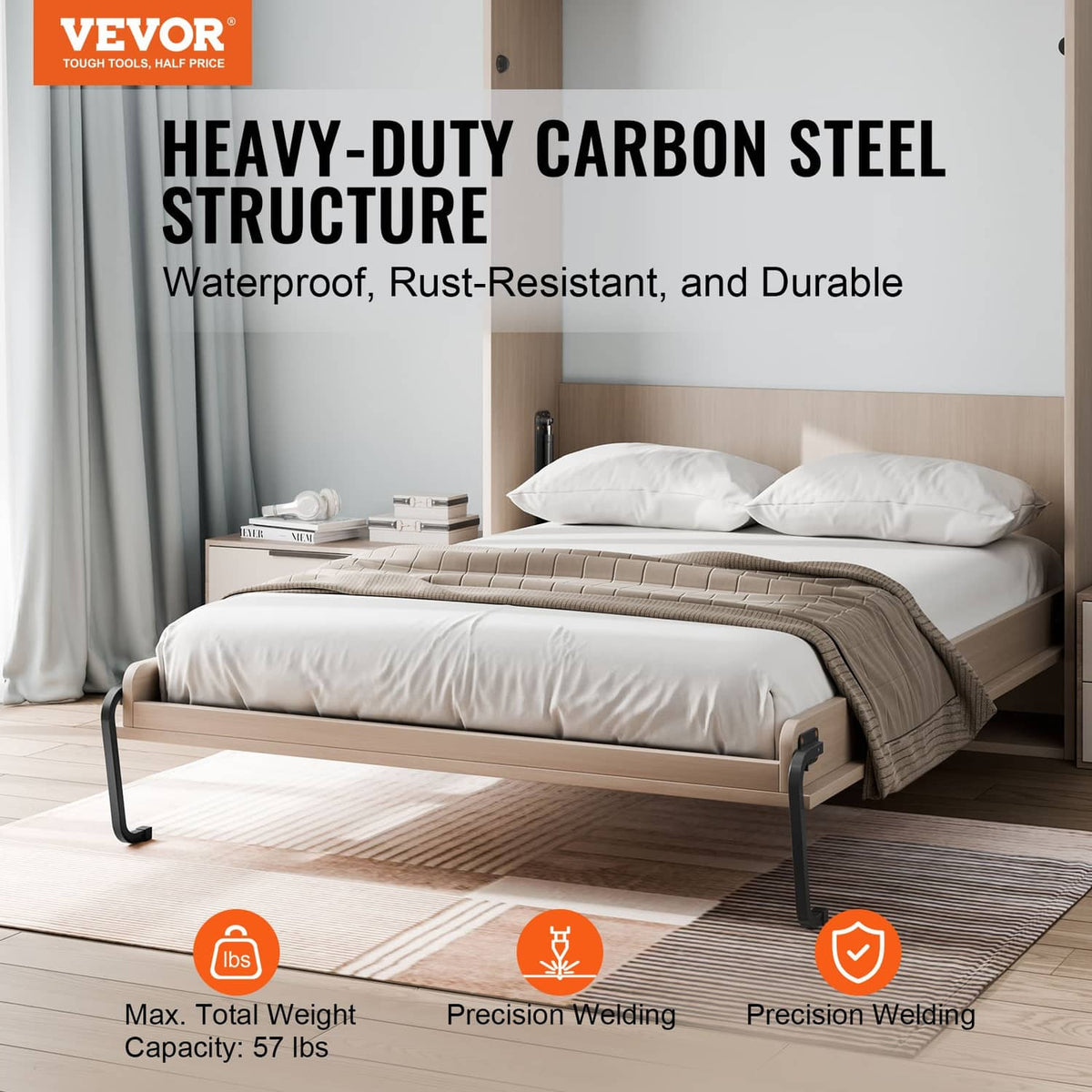 Vertical wall bed frame with dark metal legs, lifted-off position with mattress