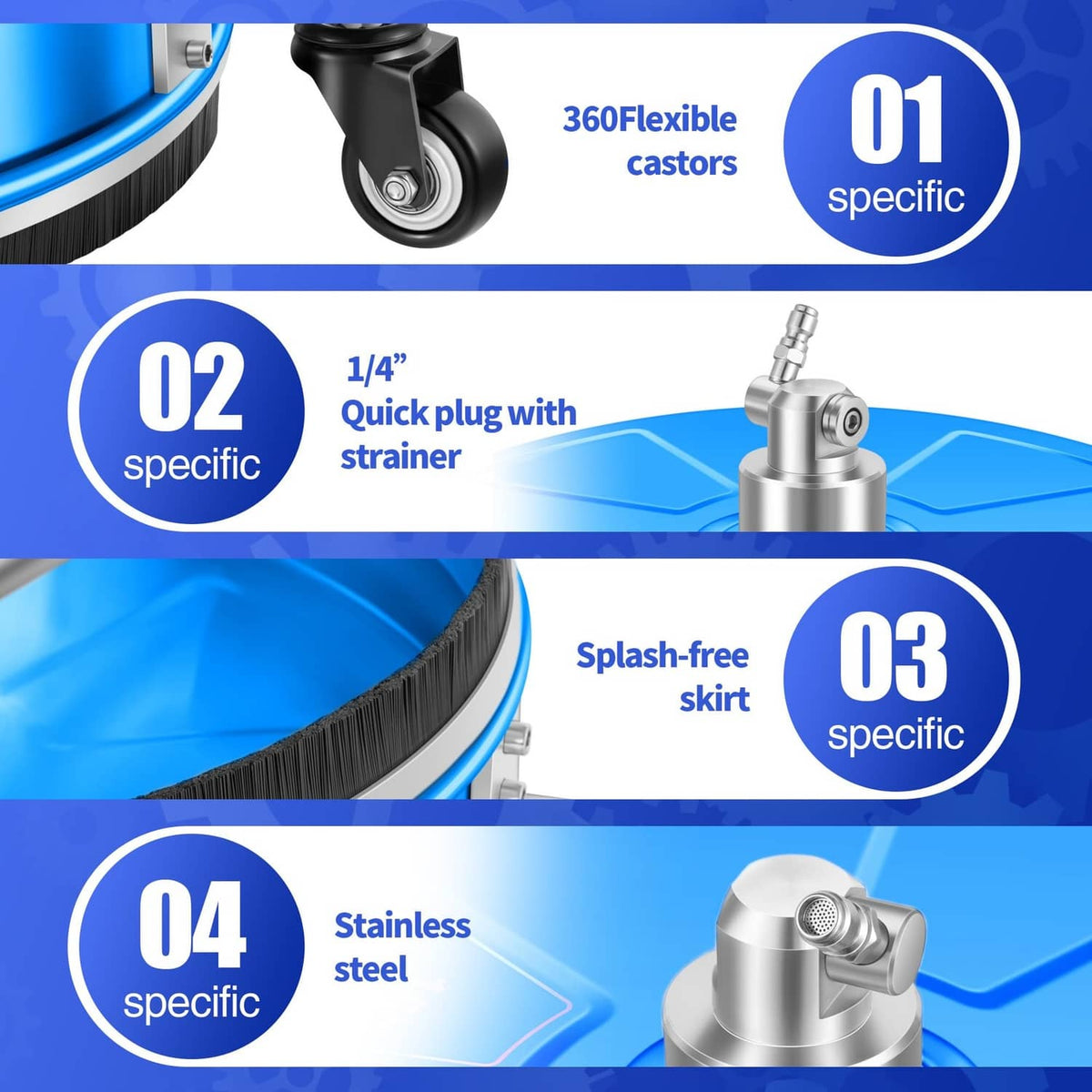 Pressure washer surface cleaner details: swivel casters, splash-free skirt, stainless nozzle