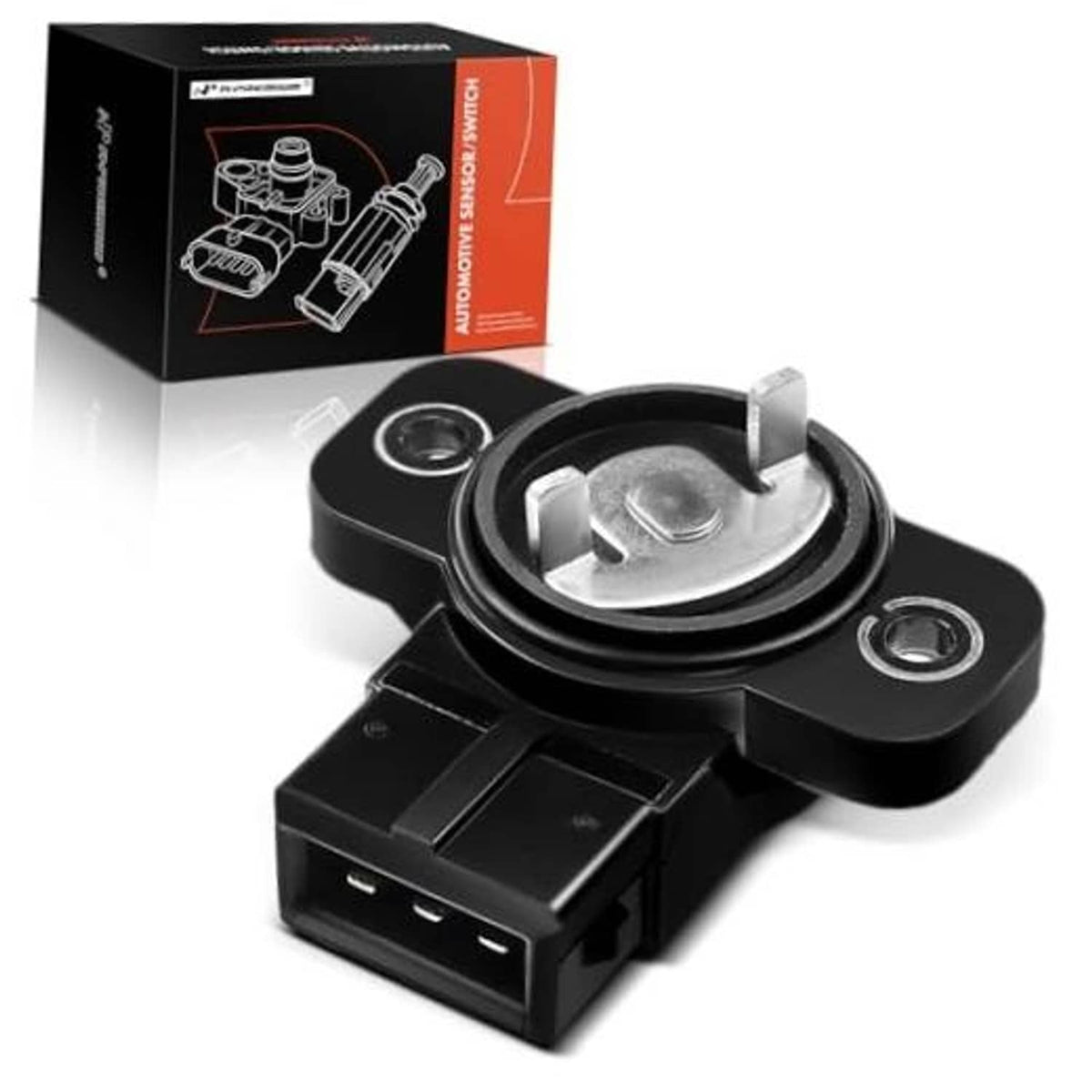 Throttle position sensor with wiring plug and mounting bracket, shown with retail box