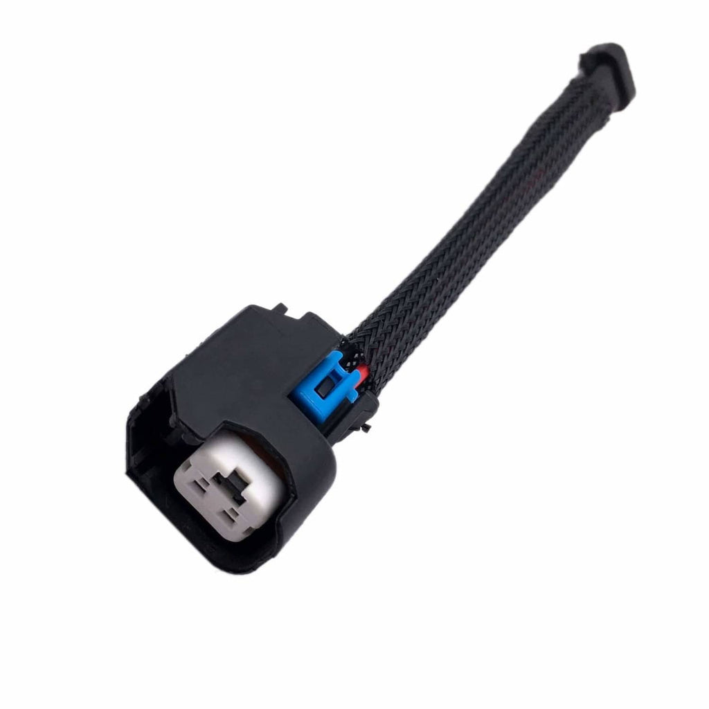 Fuel injector harness adapter pigtail, black housing with blue locking tab and braided lead