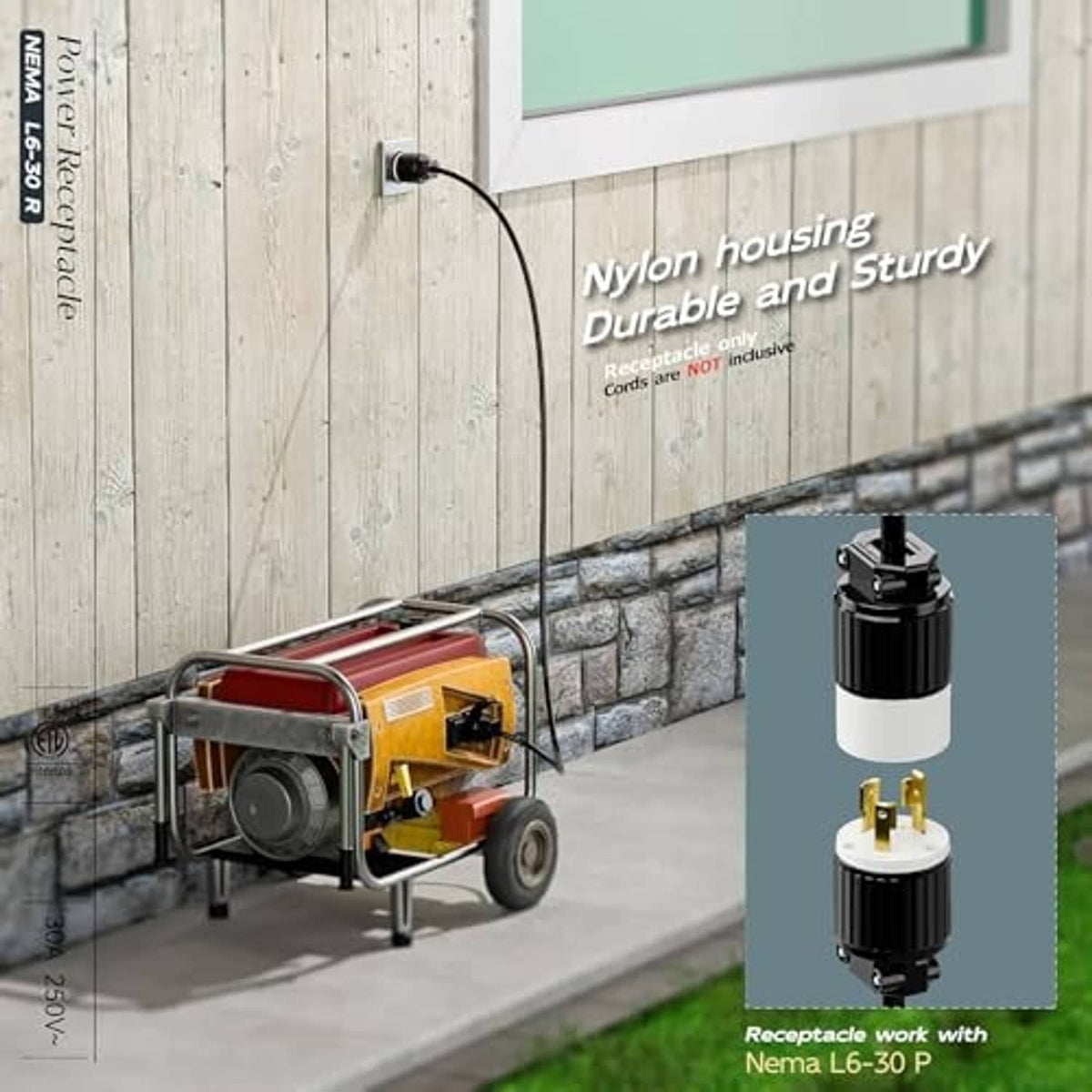 NEMA L6-30R locking plug receptacle with nylon housing, mounted outdoors-ready