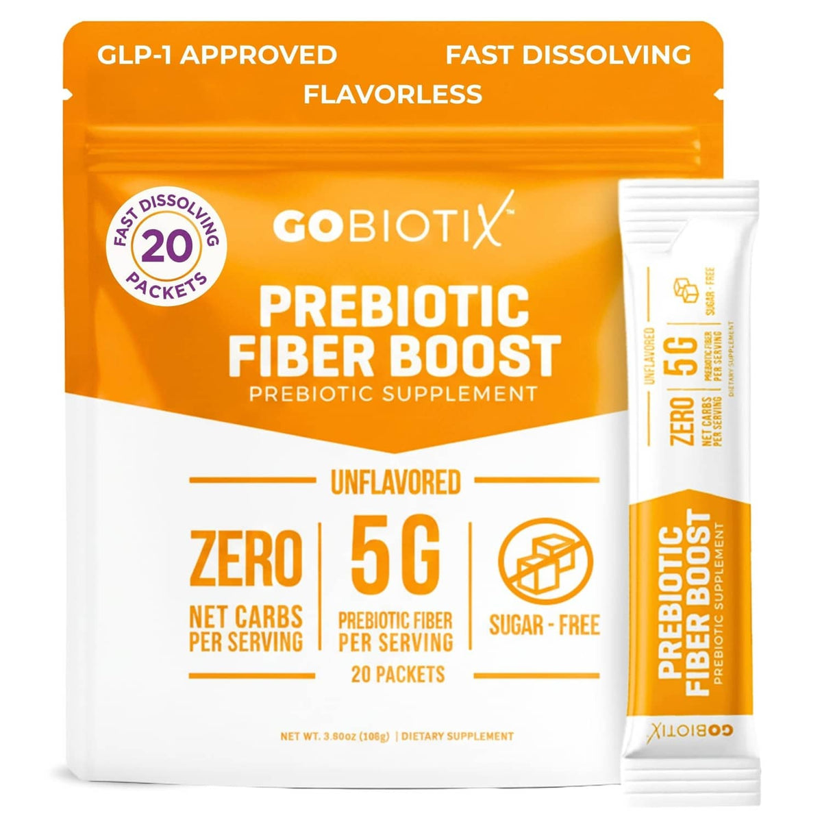 GoBiotix prebiotic fiber boost powder pouch with stick packet, unflavored, zero 5g