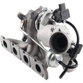 Turbocharger assembly with silver turbine housing, compressor outlet, and wiring connector