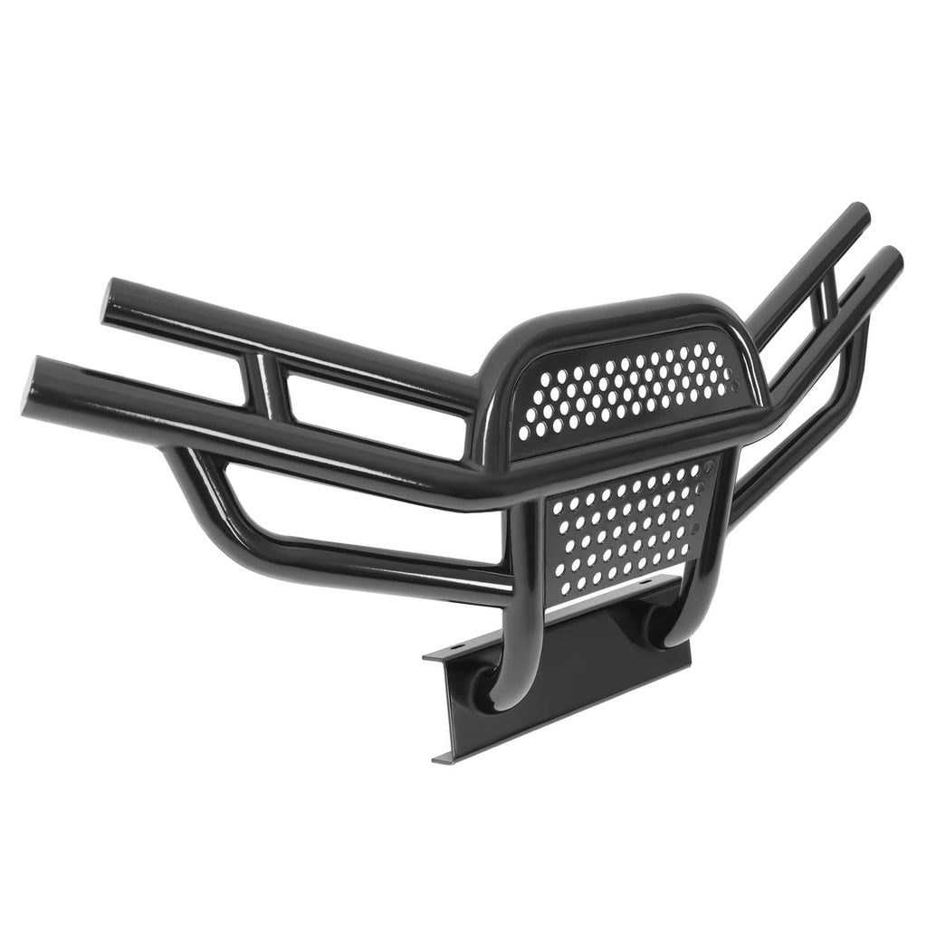 Black brush guard with perforated grille insert and curved mounting brackets