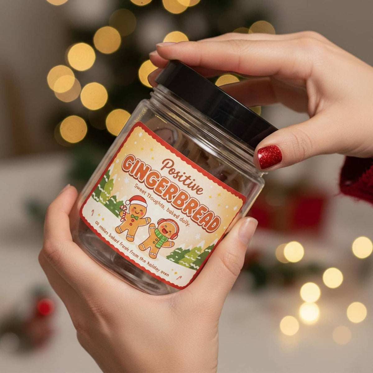 Clear gingerbread affirmation jar with black lid, held in hands with holiday background lights