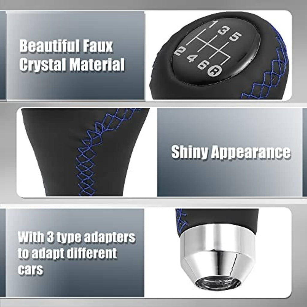 Black gear shift knob with blue faux-crystal top insert and blue cross-stitch grip