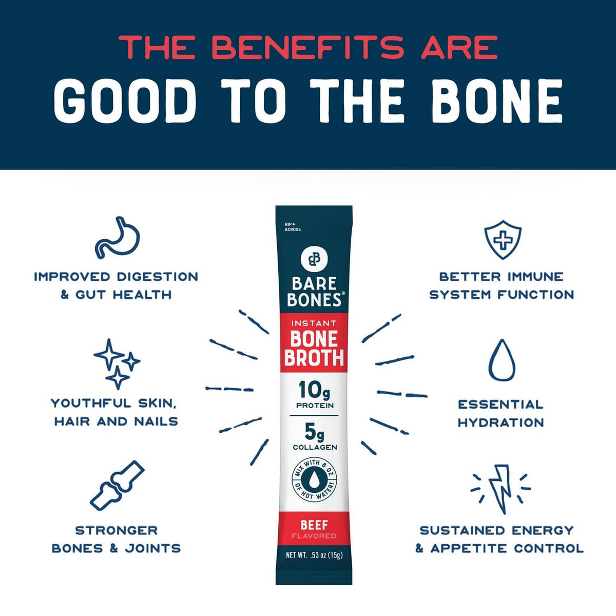Instant bone broth powder packet with collagen and 10g protein callouts