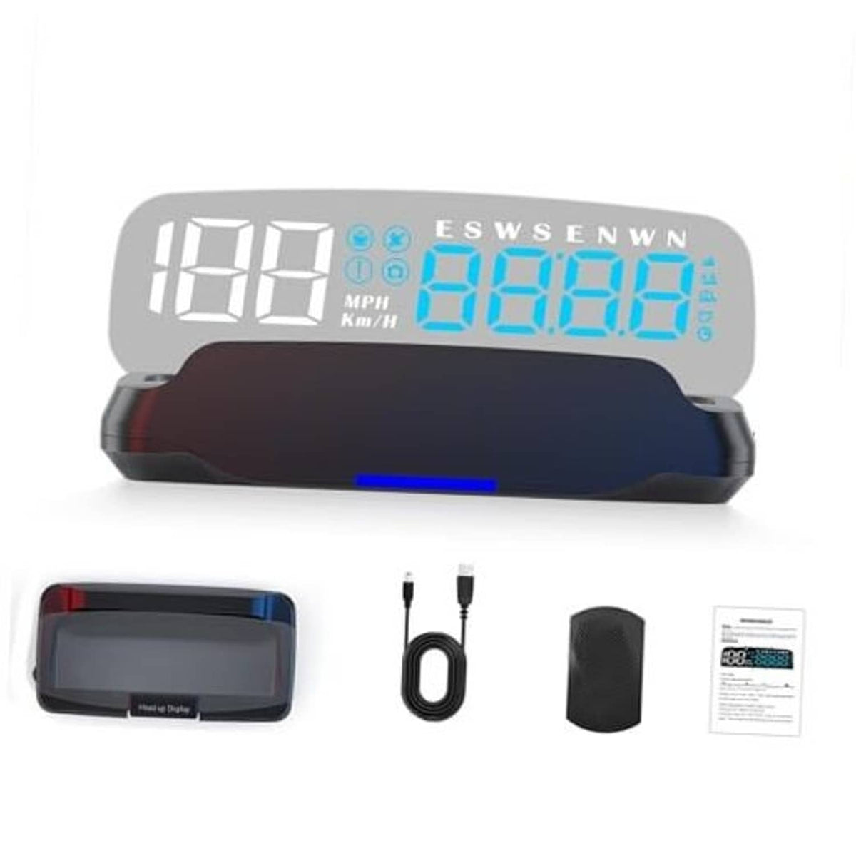 Car head-up display HUD with blue digital speed and MPH/KmH readout