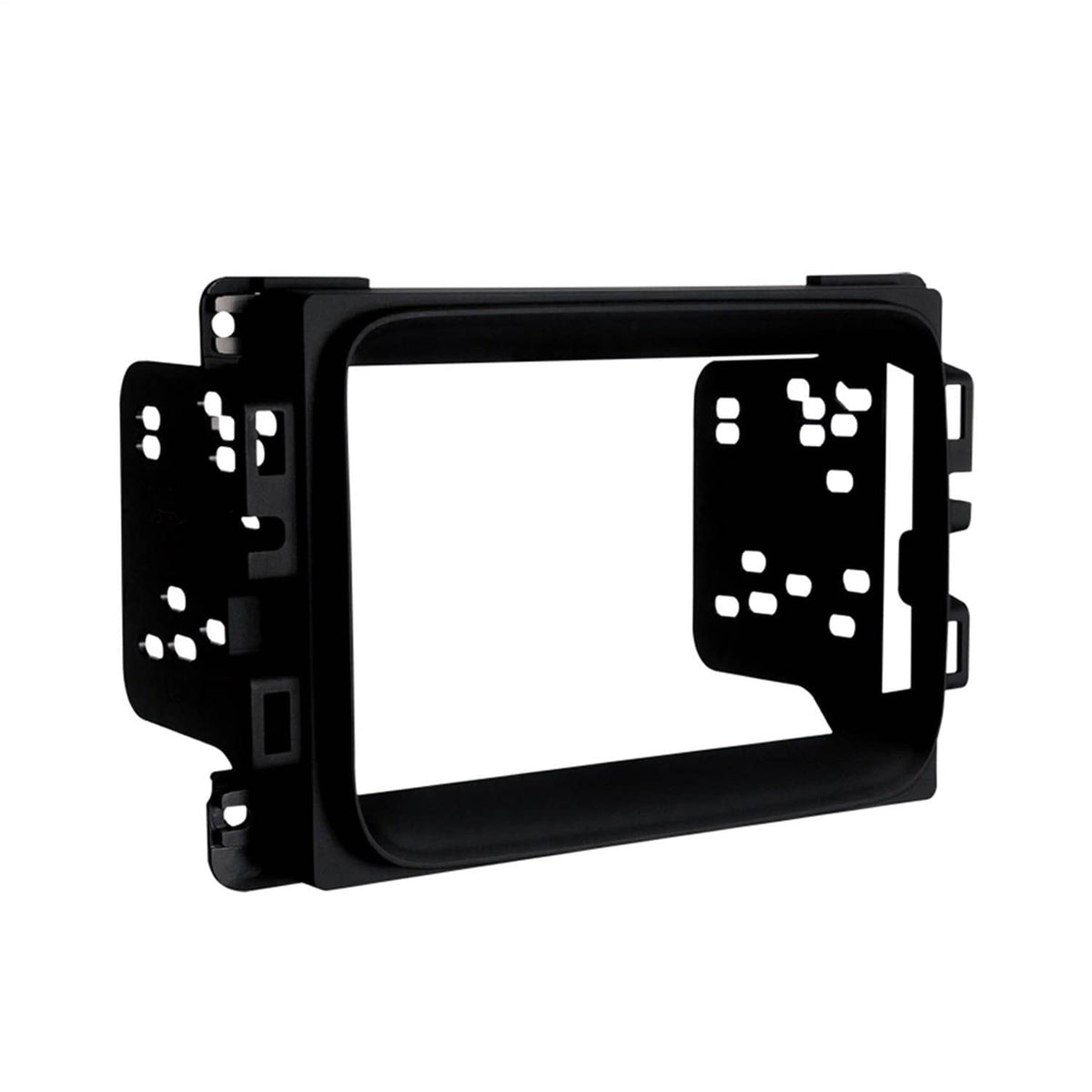 Matte black double-DIN dash kit bezel with mounting brackets and openings