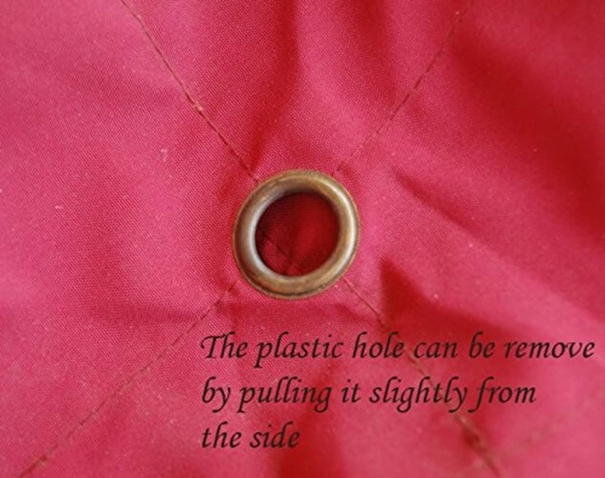 Umbrella canopy fabric with removable plastic grommet hole